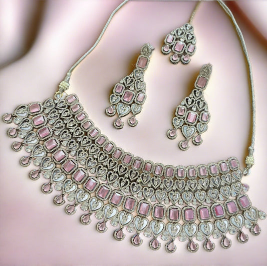 bridal artificial diamond necklace set with pink stones