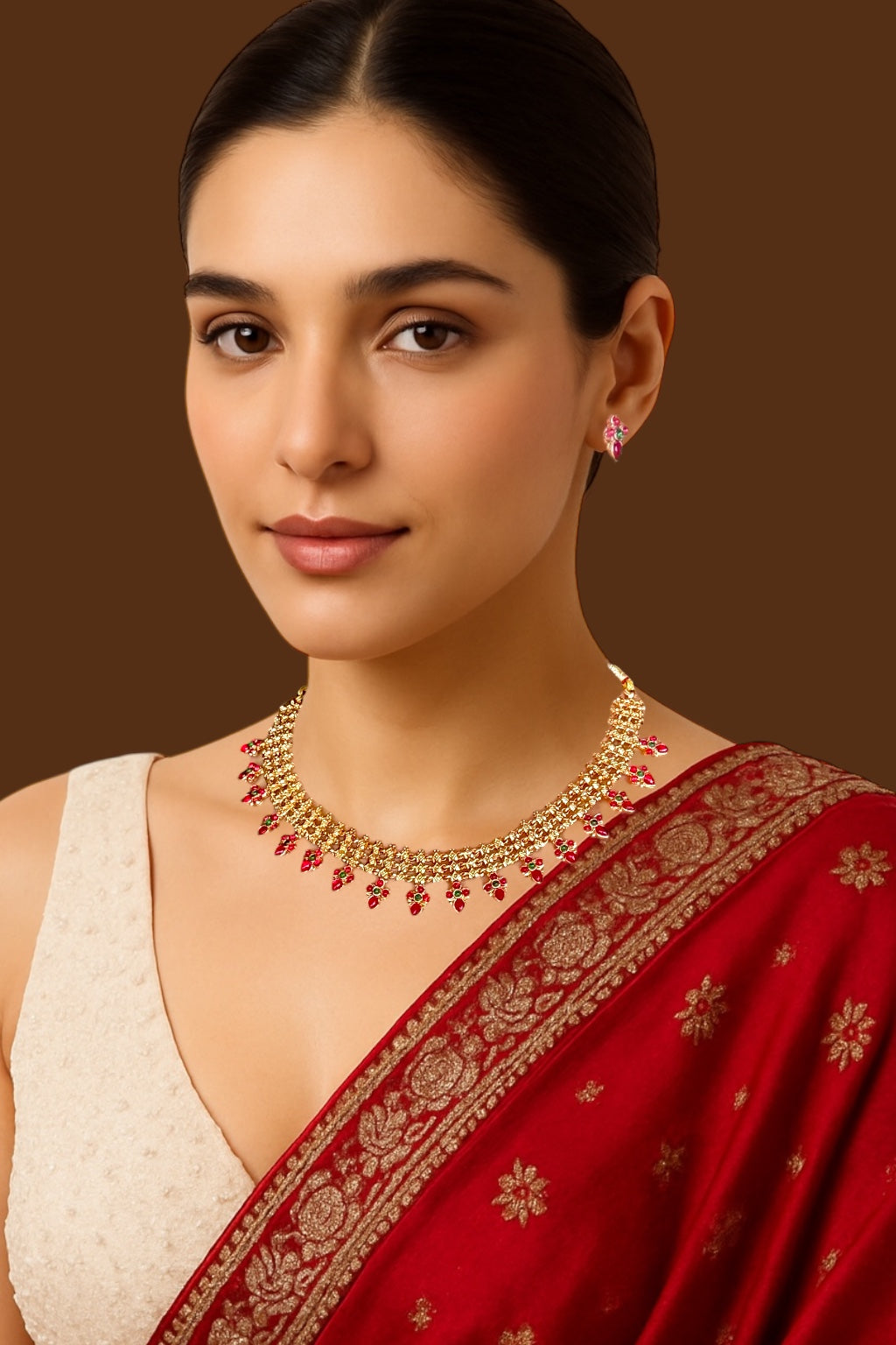 Gold-plated necklace set with red stones for women online-1