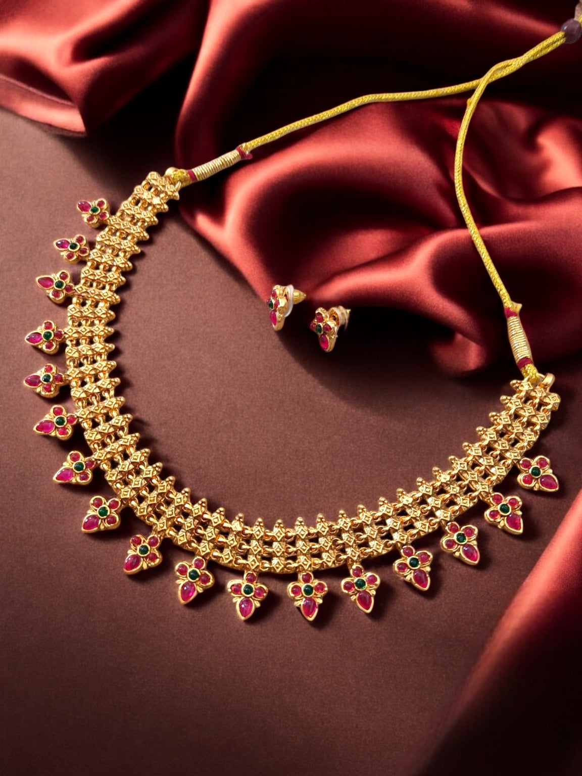 Gold-plated necklace set with red stones for women online-2