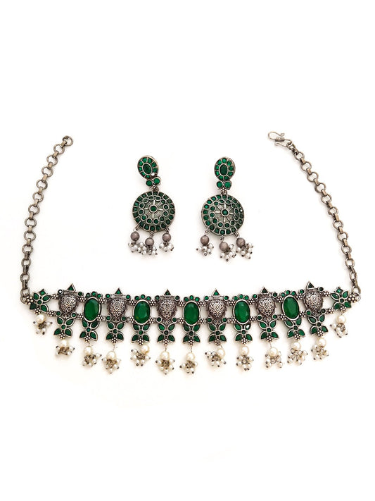 silver oxidised choker set with green stones