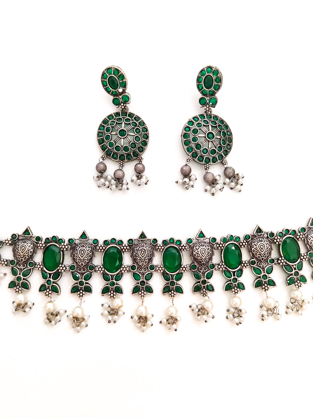 silver oxidised choker set with green stones