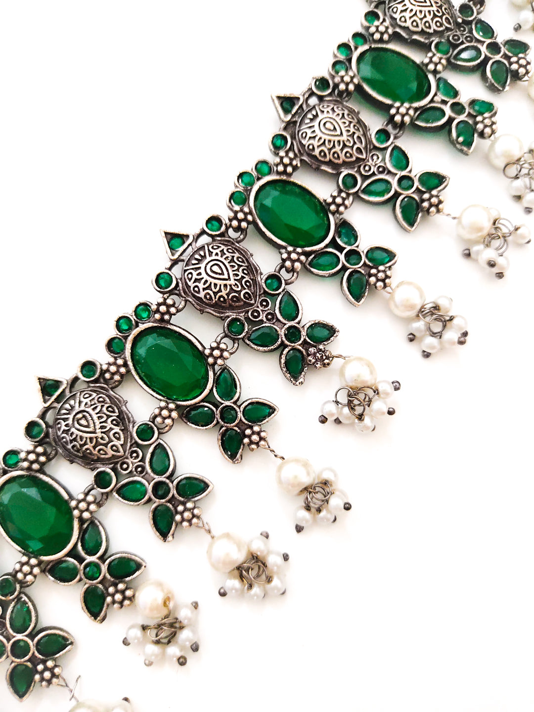 silver oxidised choker set with green stones