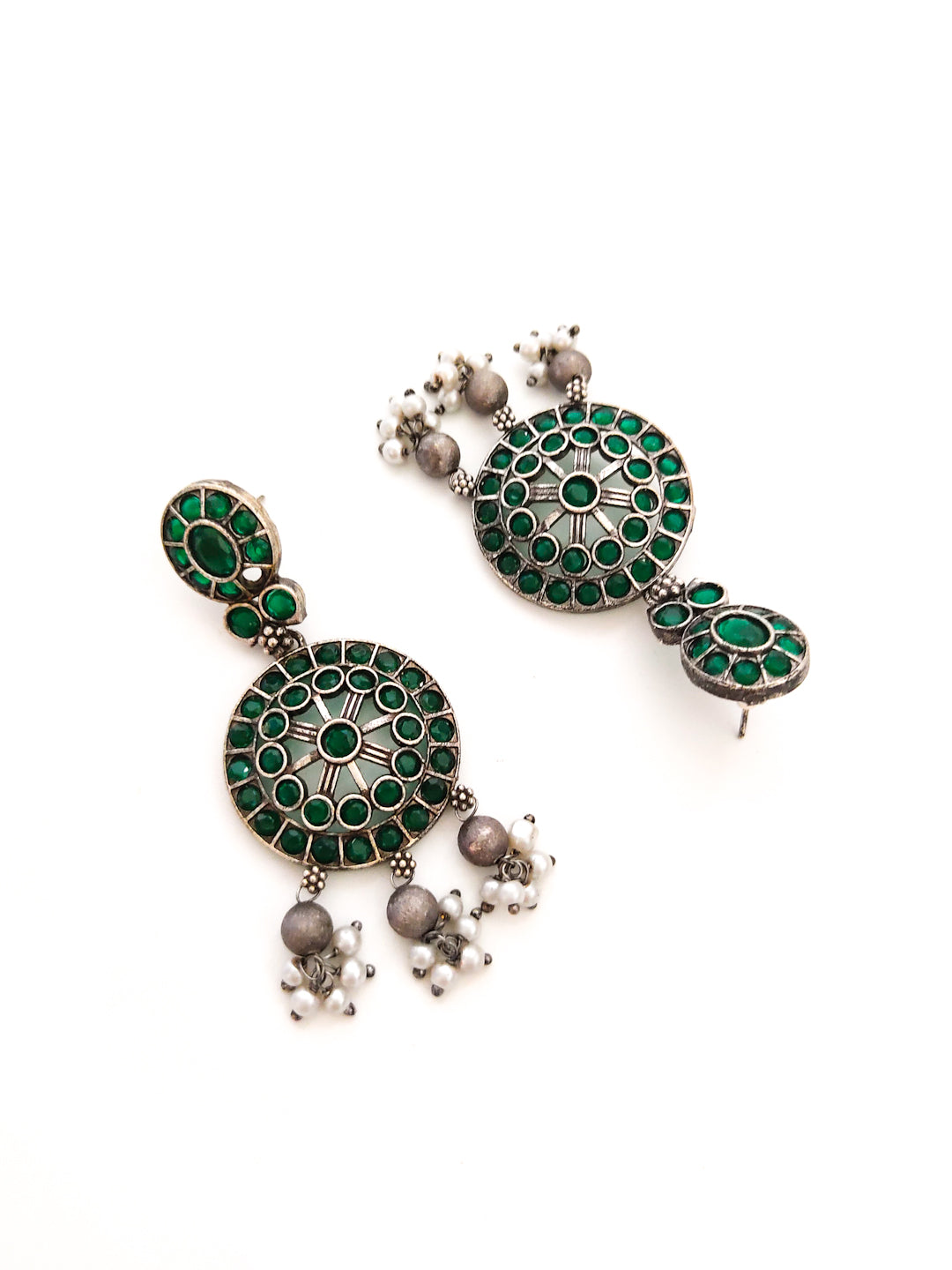 silver oxidised choker set with green stones