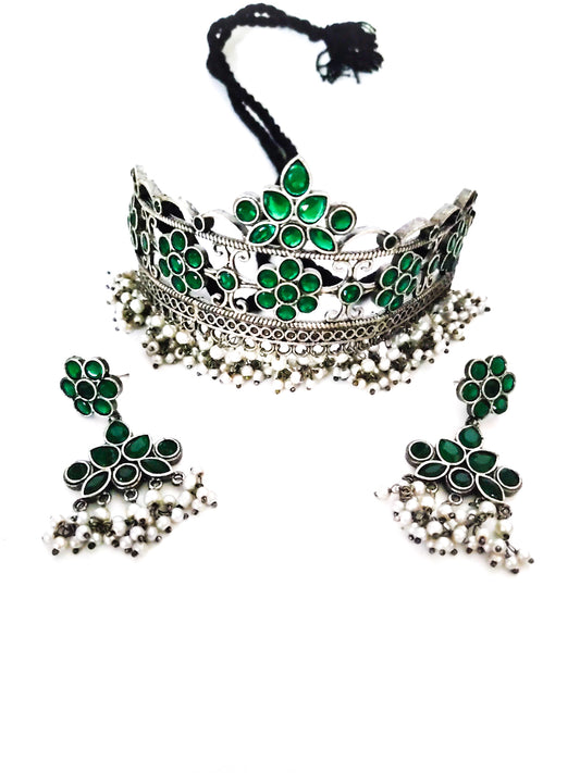 silver oxidised choker set with green stones