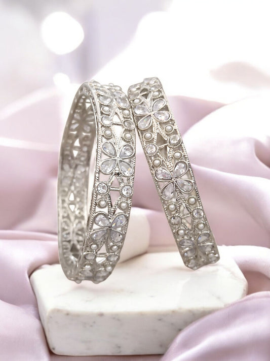 silver plated kundan bangles with pearl for women