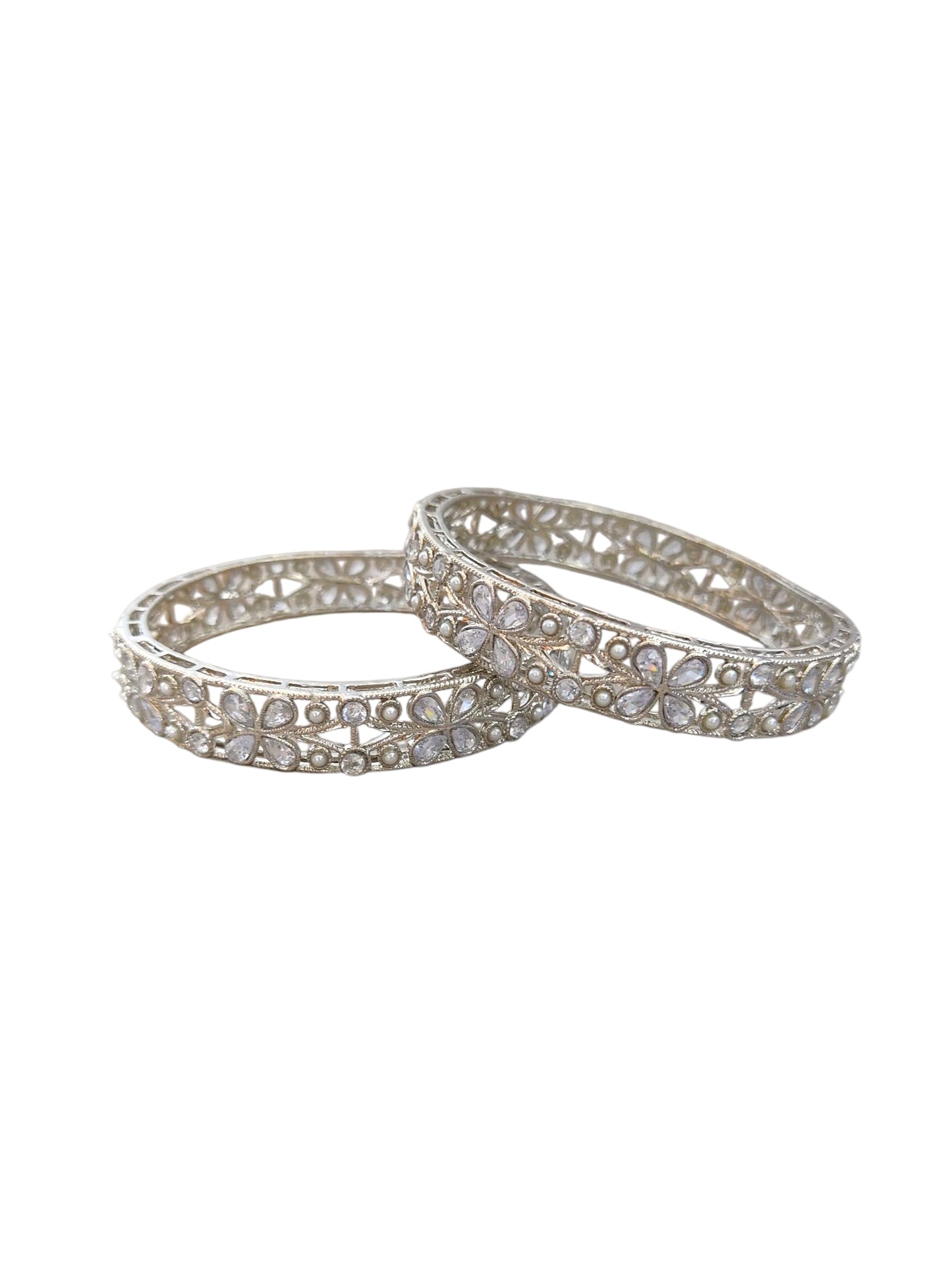 silver plated kundan bangles with pearl for women