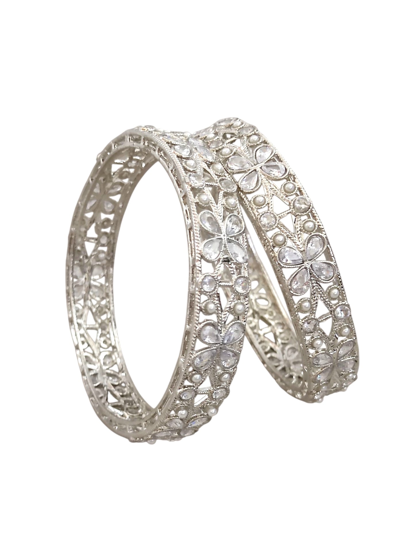 silver plated kundan bangles with pearl for women