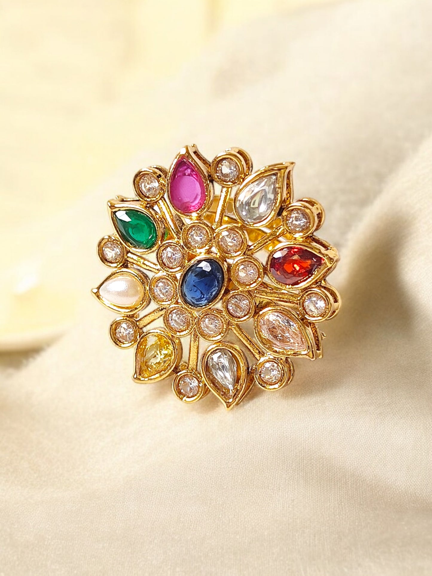 bridal navratna & kundan finger ring for women