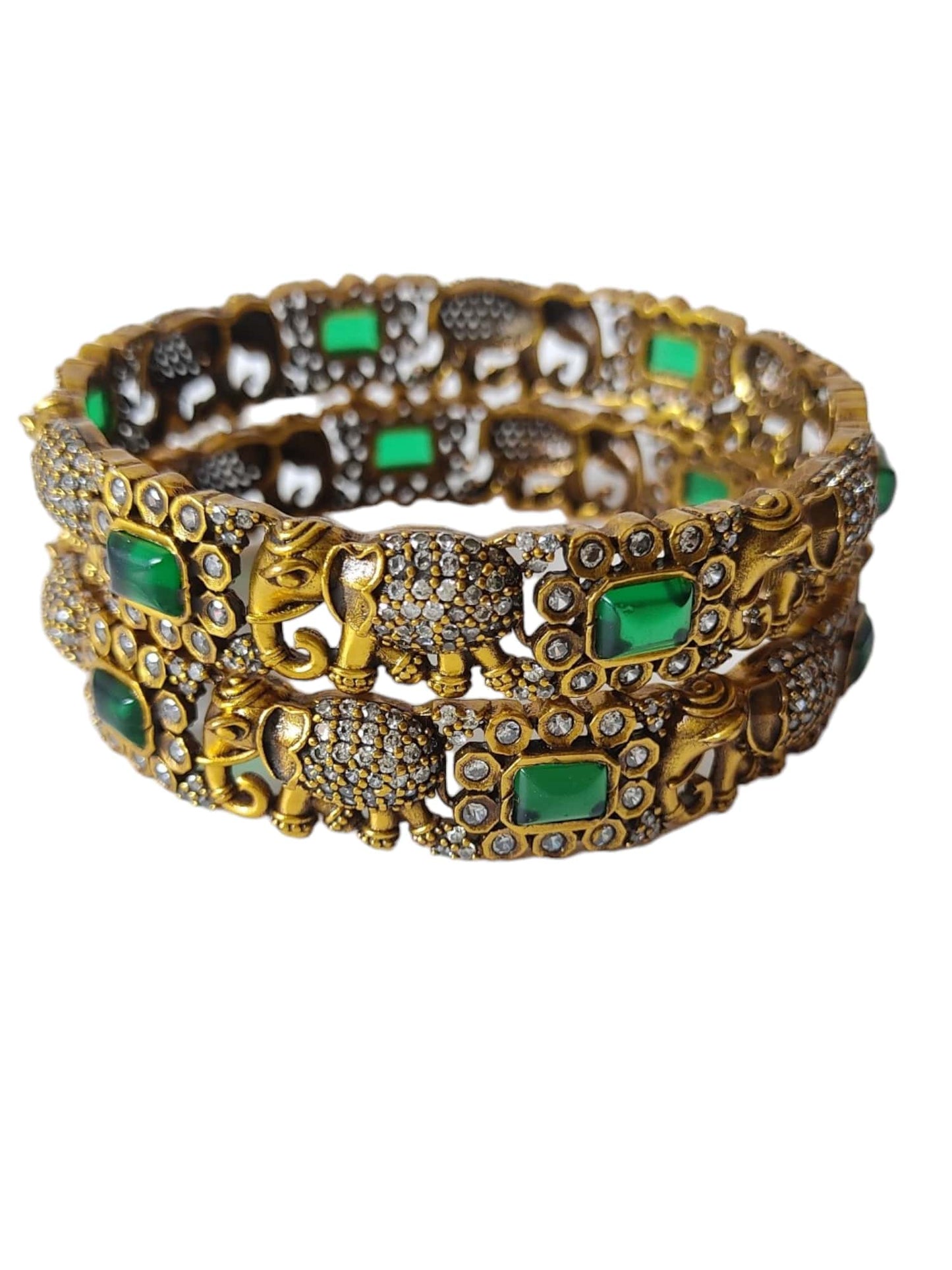 victorian polish bangles with elephant design and green stones
