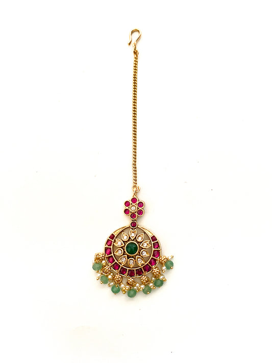 Red and Green Stone Maangtikka with green beads