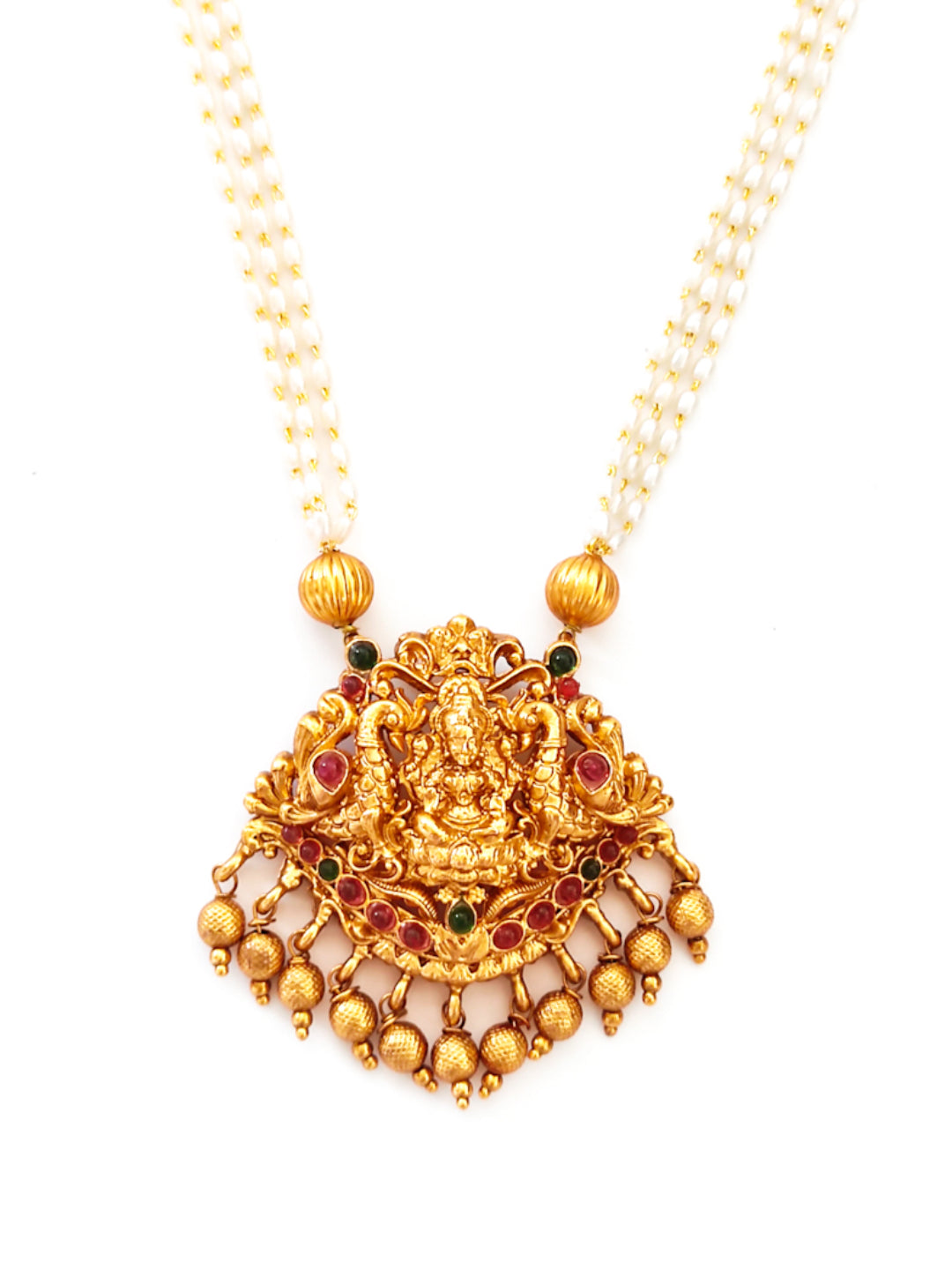 Long Pearl Necklace Set with Lakshmi Pendant for ethnic wear
