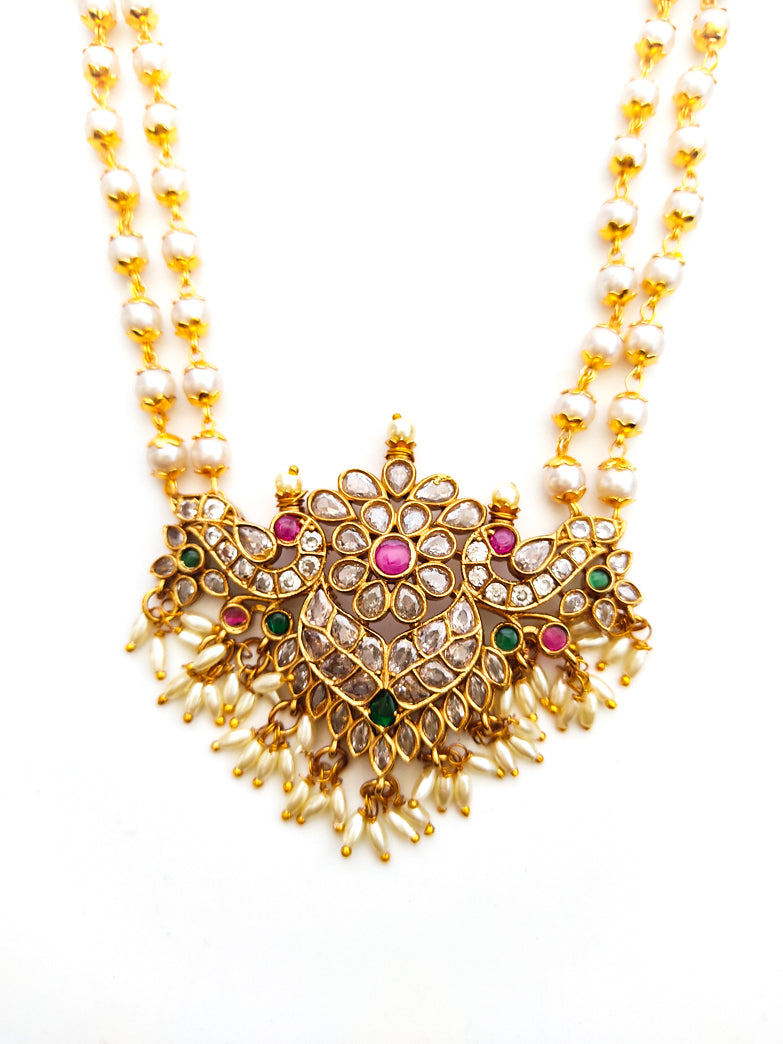 Long Pearl necklace set with Stone Studded Pendant