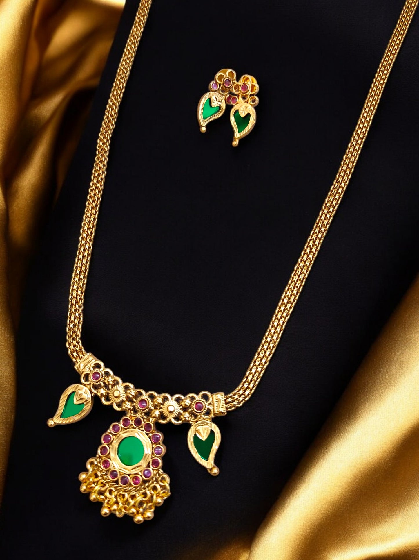 Kerala Style Palakka long necklace with green stones for women online