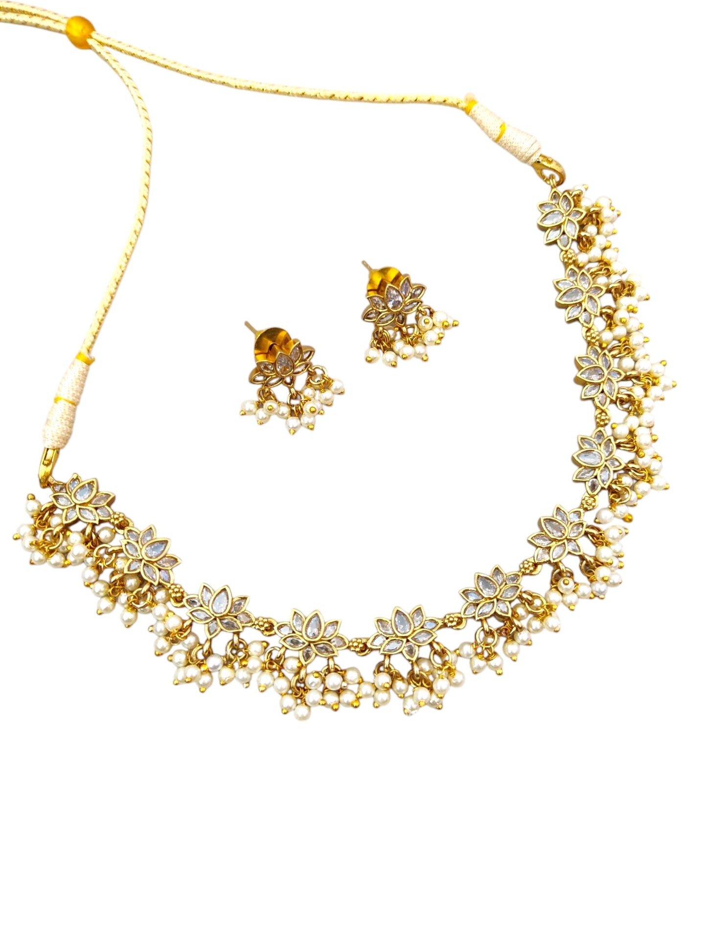 White stone kundan lotus design necklace set for women online