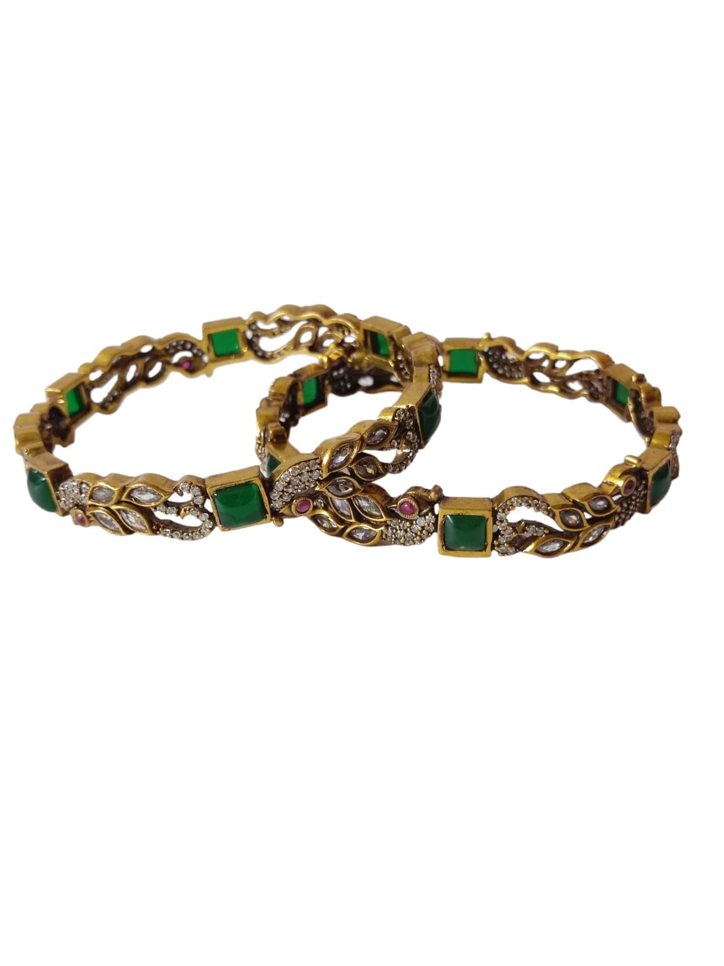 victorian bangles with white stones and parrot design