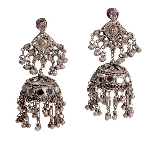 oxidised jhumka earrings with mirror work