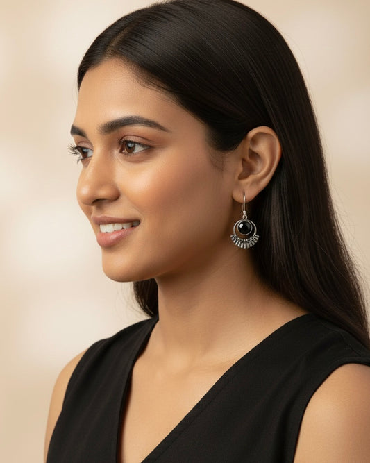 Silver-plated Oxidised Drop Earrings with Black Stone for girls and women