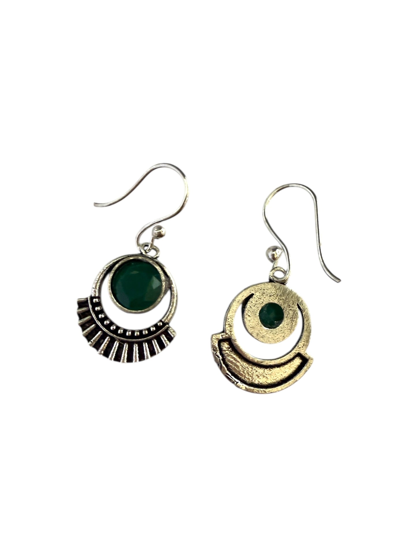 Silver-plated Oxidised Drop Earrings with Green Stone