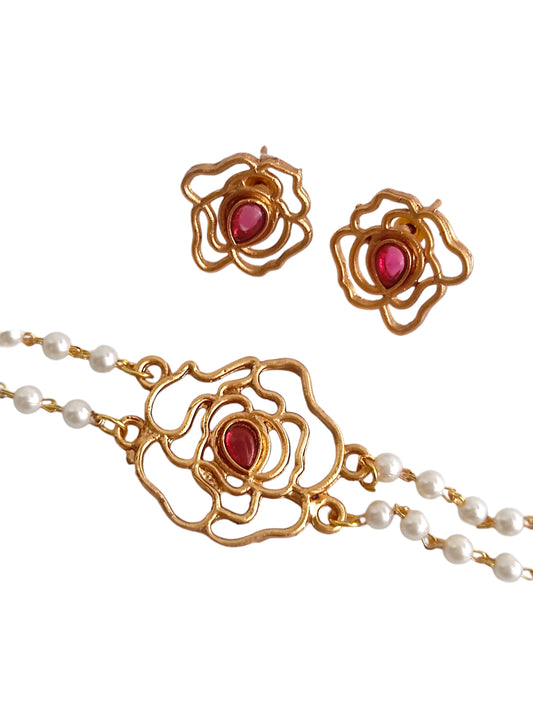 Pearl Choker Set with Red stone & Rose Design