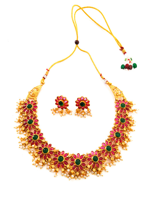Red & Green stone studded jewellery set