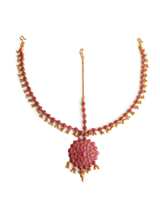 red kemp stone mathapatti - 3 layered tikka with gold beads
