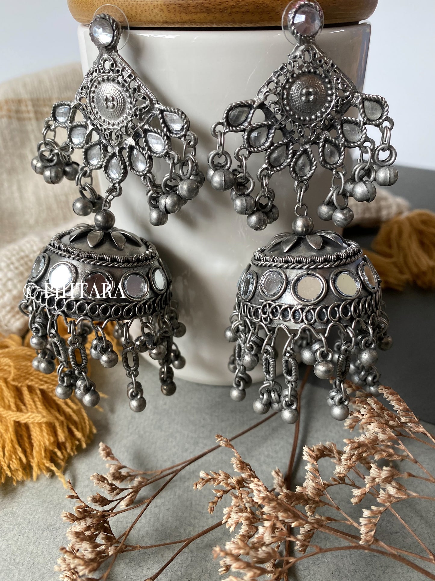oxidised jhumka earrings with mirror work