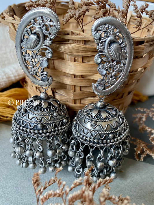 big oversized oxidised jhumka earrings