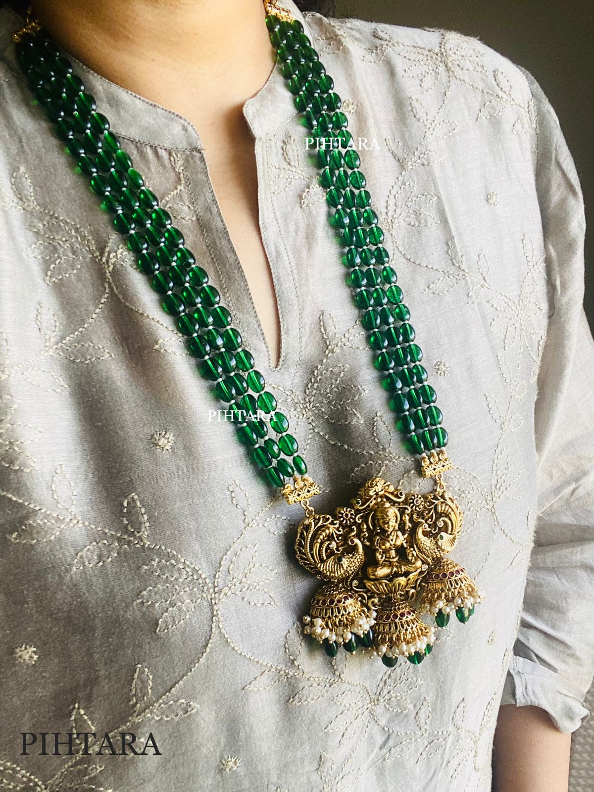 Green beads with gold pendant discount