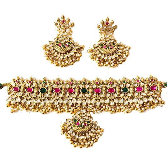 red green kundan choker set