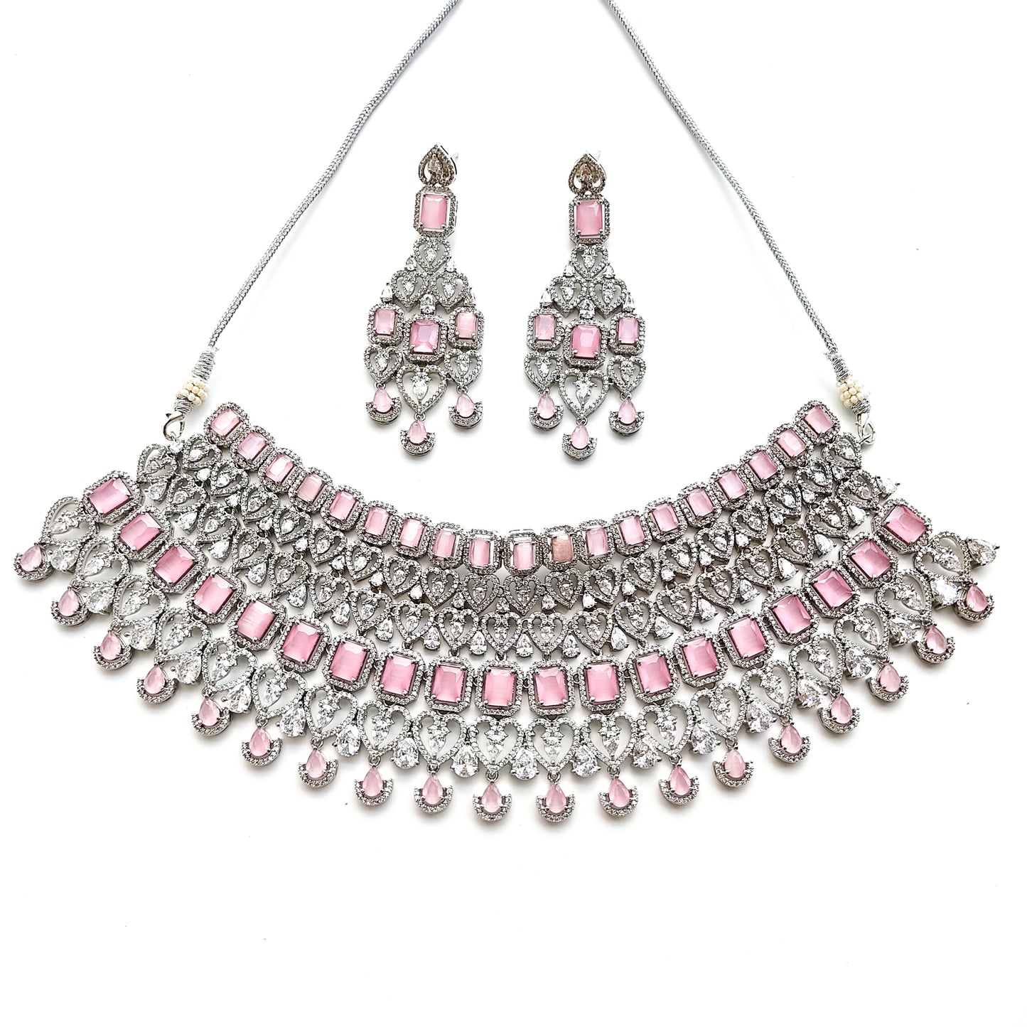 bridal artificial diamond necklace set with pink stones