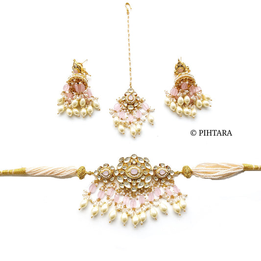 Pink beads kundan choker set with maang tikka