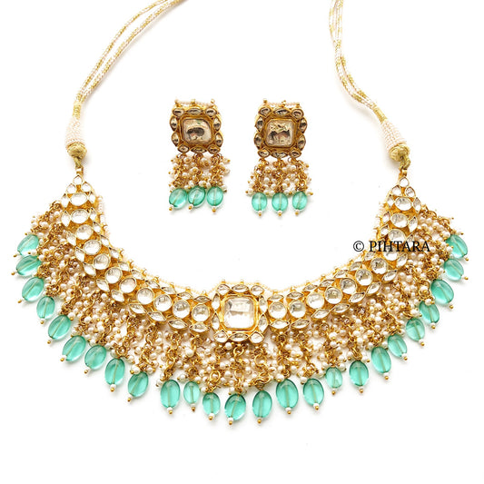 kundan polki necklace set with sea green beads