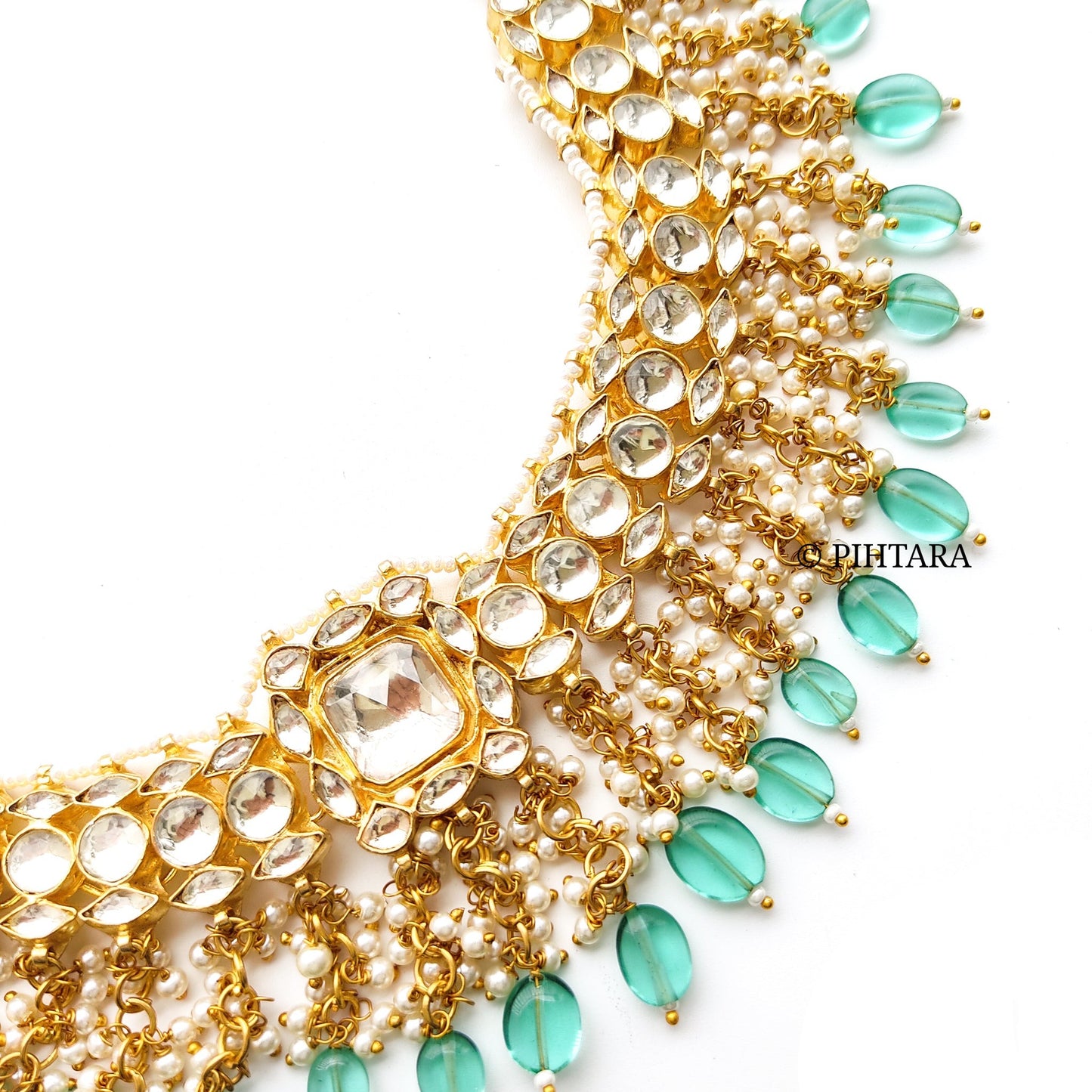 kundan polki necklace set with sea green beads