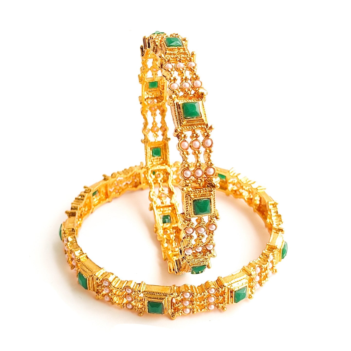 pearl bangles with green stones