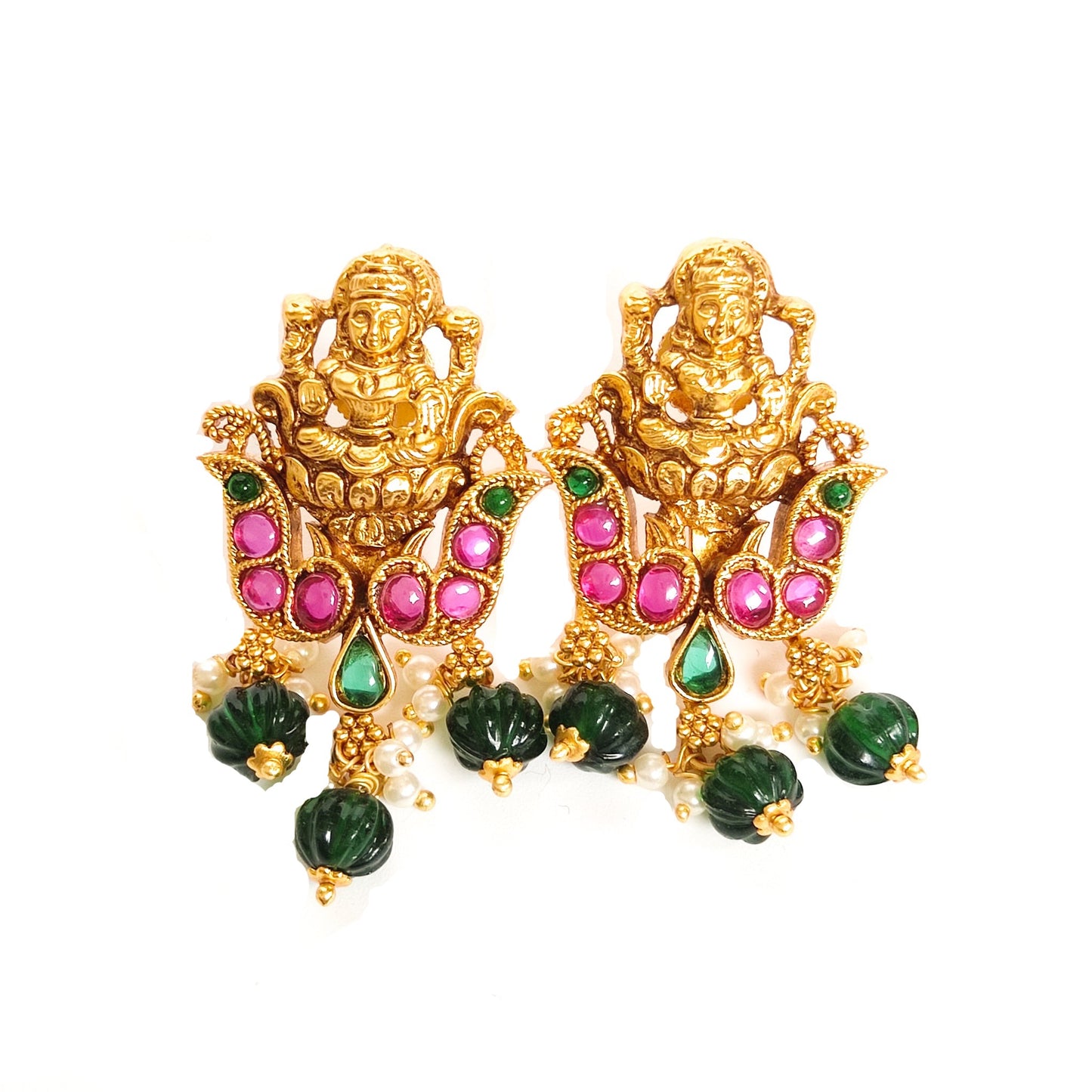 Antique gold lakshmi bridal necklace with green beads