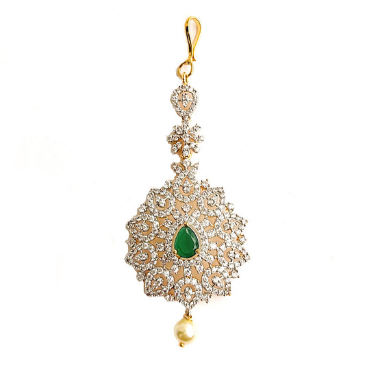 white stone diamond tikka with green stone