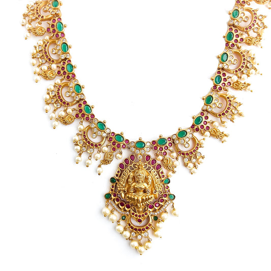 Designer haaram with green stones and lakshmi pendant
