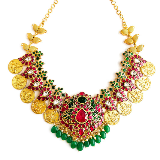 Jadau kundan necklace with green beads and coin necklace