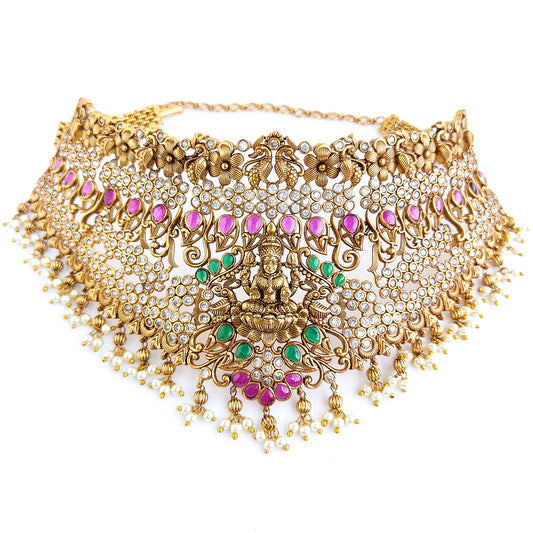 Bridal choker with lakshmi in antique gold finish and stones