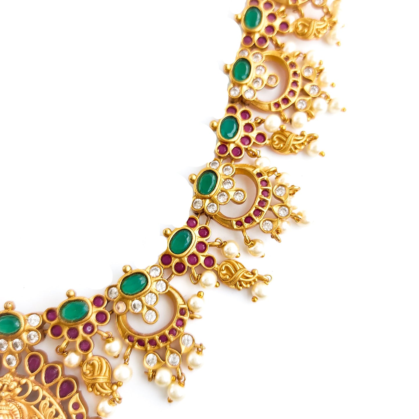 Designer haaram with green stones and lakshmi pendant