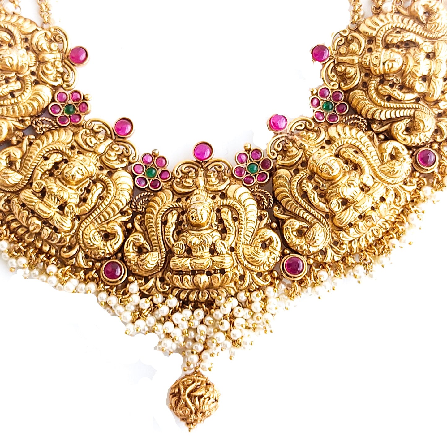 Heavy bridal pearl necklace with lakshmi motifs