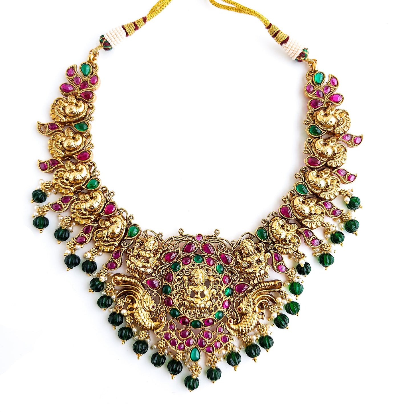 Antique gold lakshmi bridal necklace with green beads