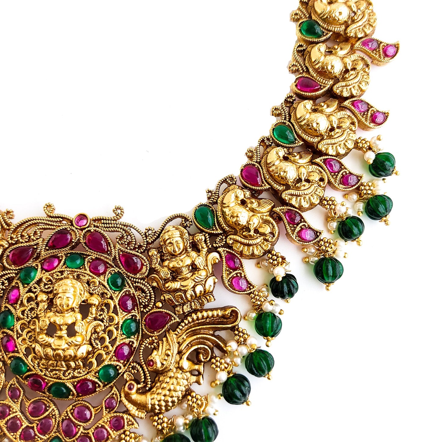 Antique gold lakshmi bridal necklace with green beads