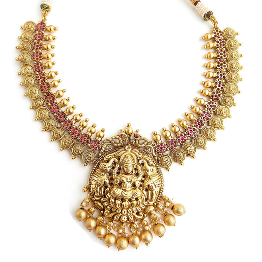 Antique gold temple jewellery with goddess lakshmi pendant