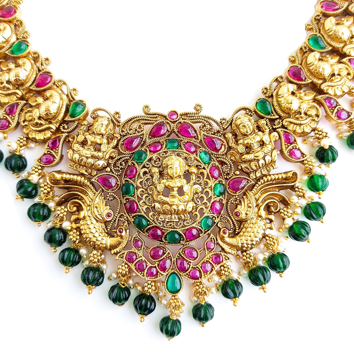 Antique gold lakshmi bridal necklace with green beads