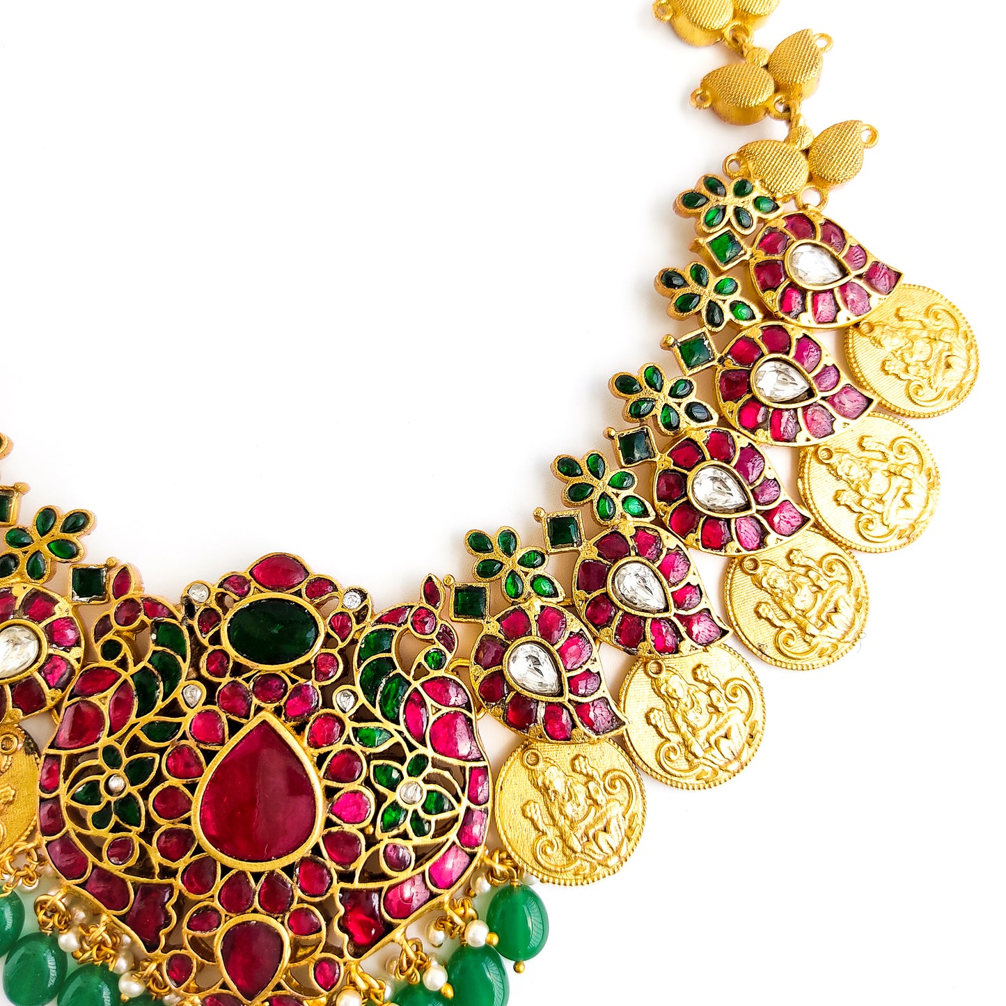 Jadau kundan necklace with green beads and coin necklace