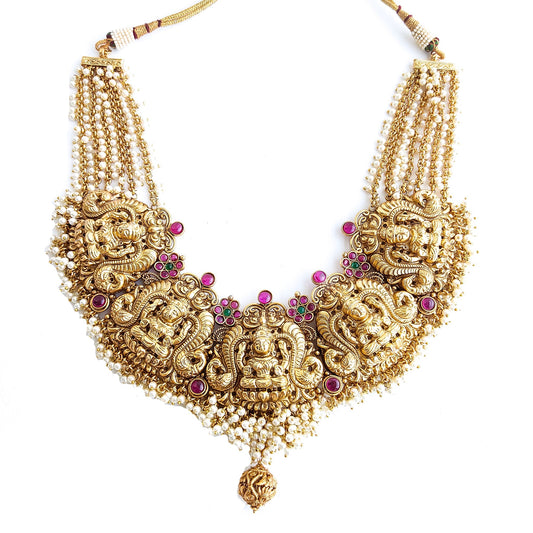 Heavy bridal pearl necklace with lakshmi motifs