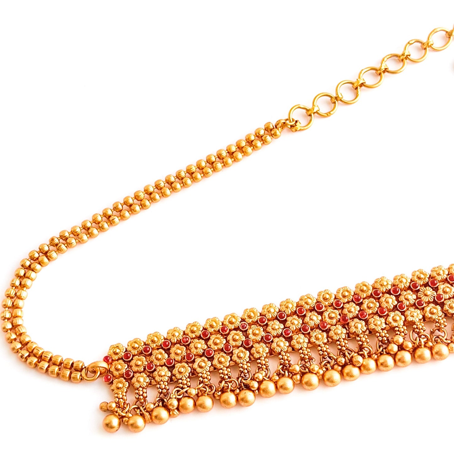 Gold hip chain with red stones for sarees