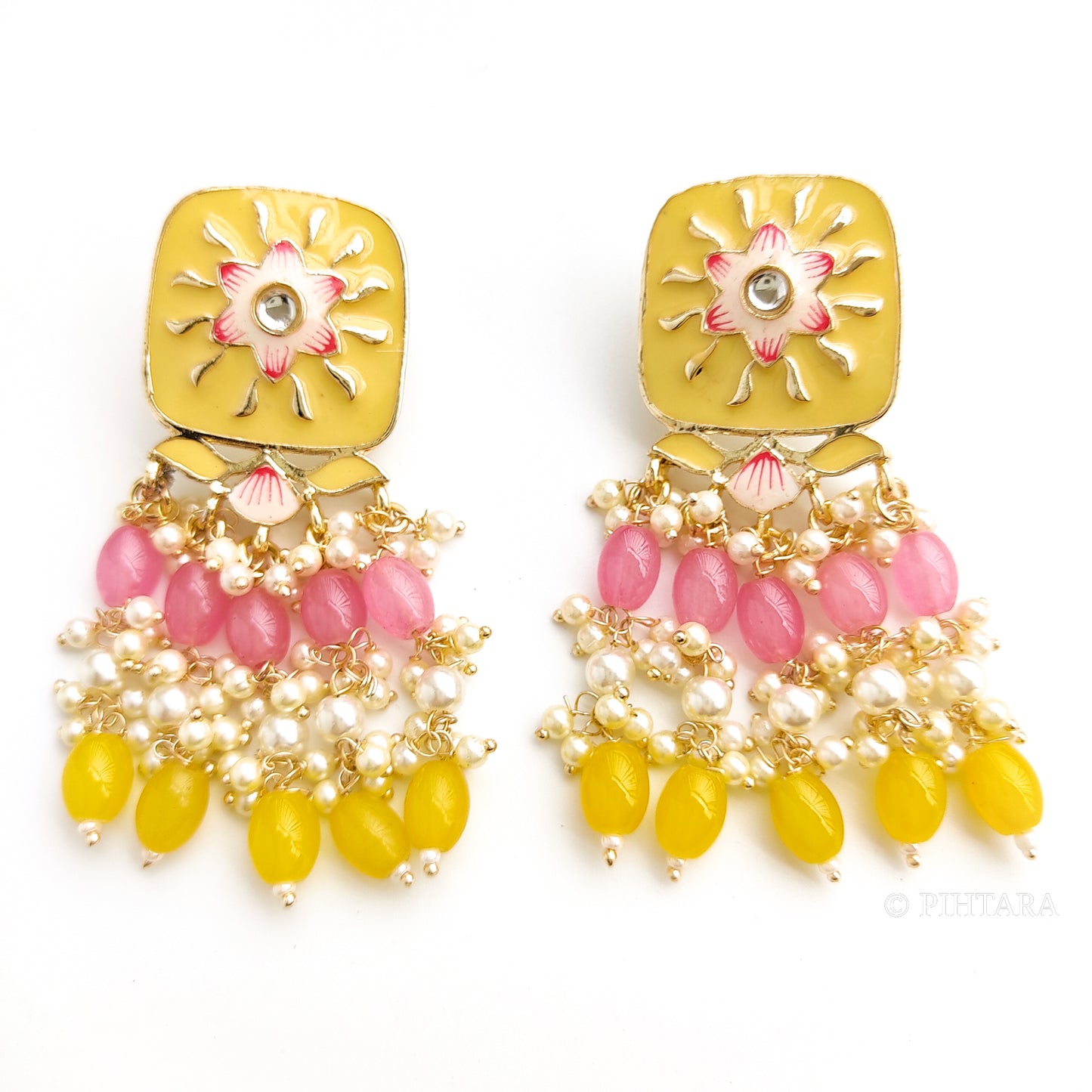 Pastel Yellow meenakari choker set with pink beads