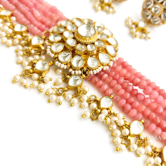 Pink choker set with kundan pendant and kundan earrings